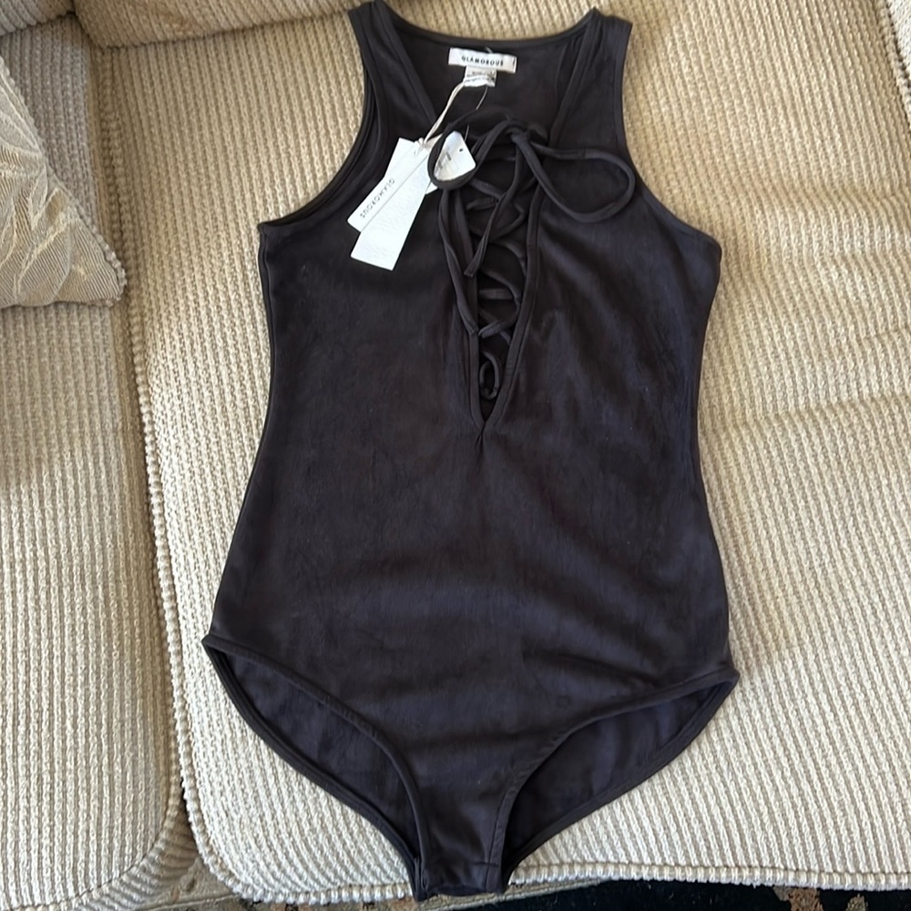 Black Suede Bodysuit with Snap Closure, Size S